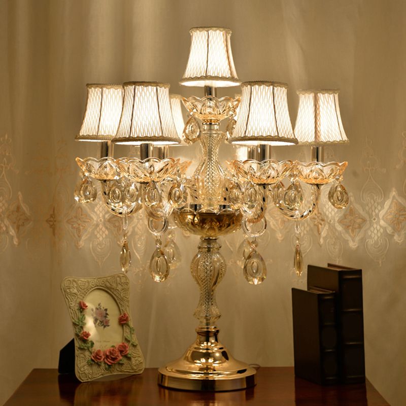 Gold 5/6/7 Bulbs Night Stand Lamp Traditional Clear Crystal Candlestick Table Light with White Bell Fabric Shade