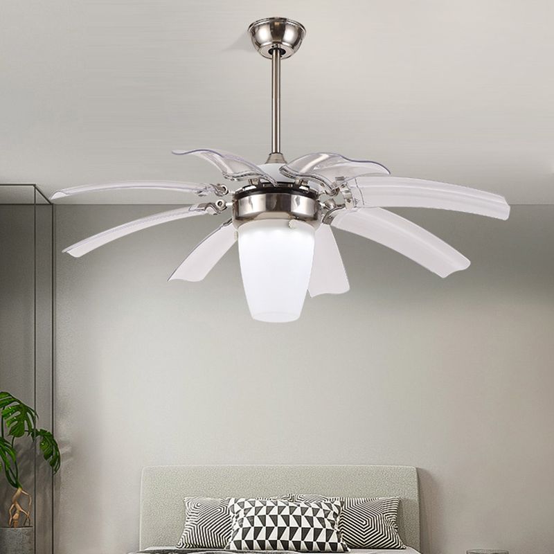 42" W LED Semi Flushmount Contemporary Cone Opal Glass 8 Blades Ceiling Fan Lighting in Silver for Bedroom