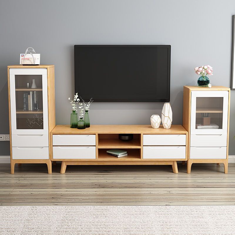 Modern Rubber Wood TV Stand Console Open Storage TV Media Stand for Living Room