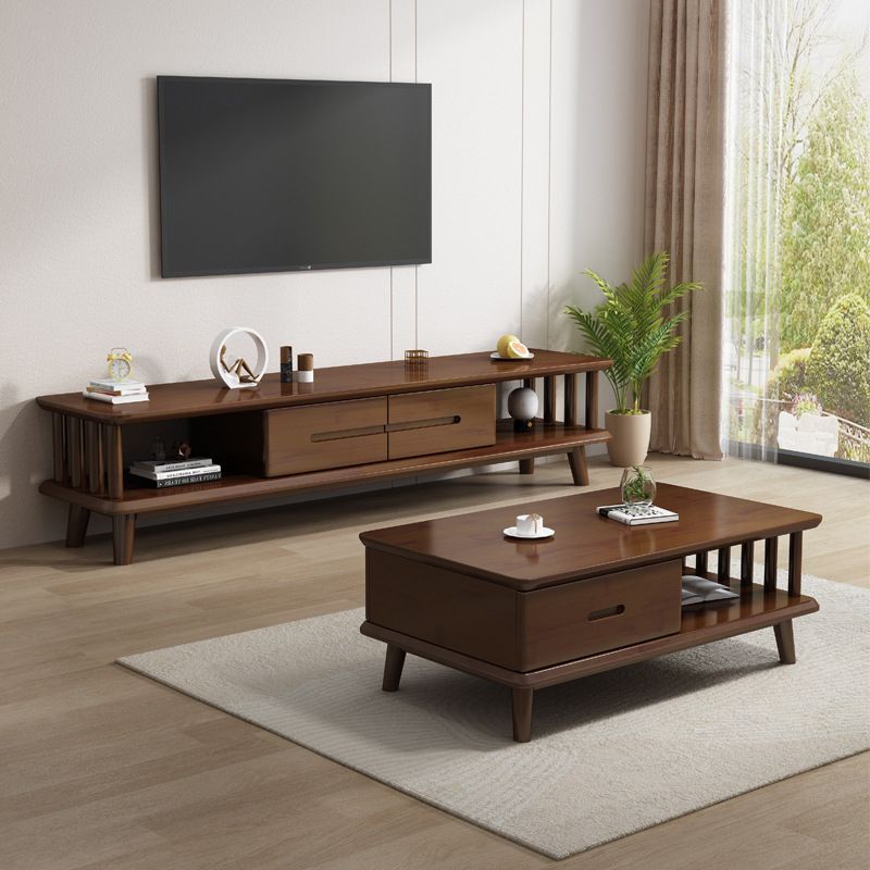 Contemporary Solid Wood TV Console 2-open Shelf TV Stand with Drawers