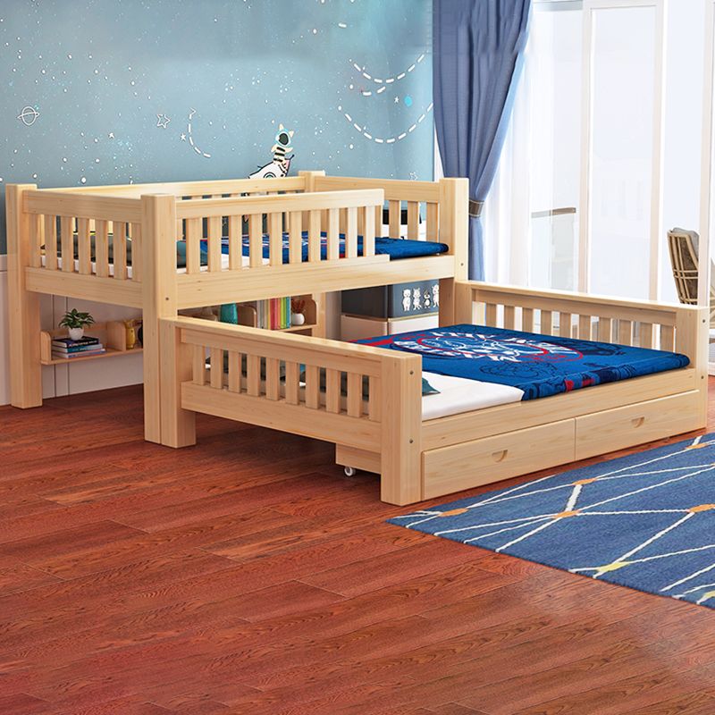 Modern Solid Wood Bunk Bed Natural Kid Bed with Stairway and Guardrail