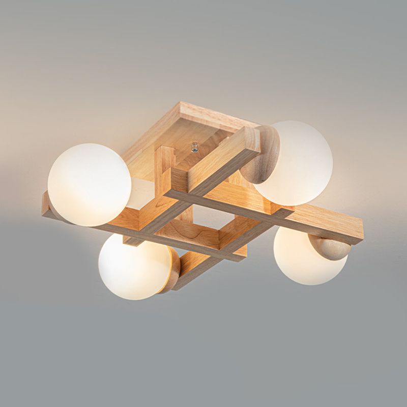 4 / 6 / 8 - Light Semi Flush Mount Light , Wood and Glass Sphere Ceiling Semi Flush