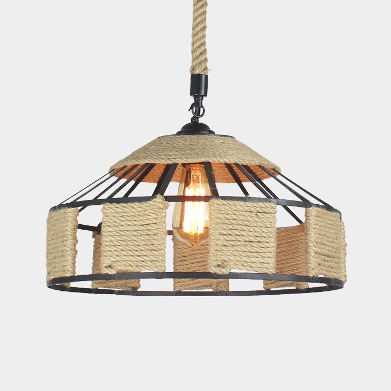 Rope Beige Hanging Light Kit Mongolian Yurts Shaped 1-Bulb 12"/16"/19.5" W Farmhouse Pendant Ceiling Lamp with Knots Cord