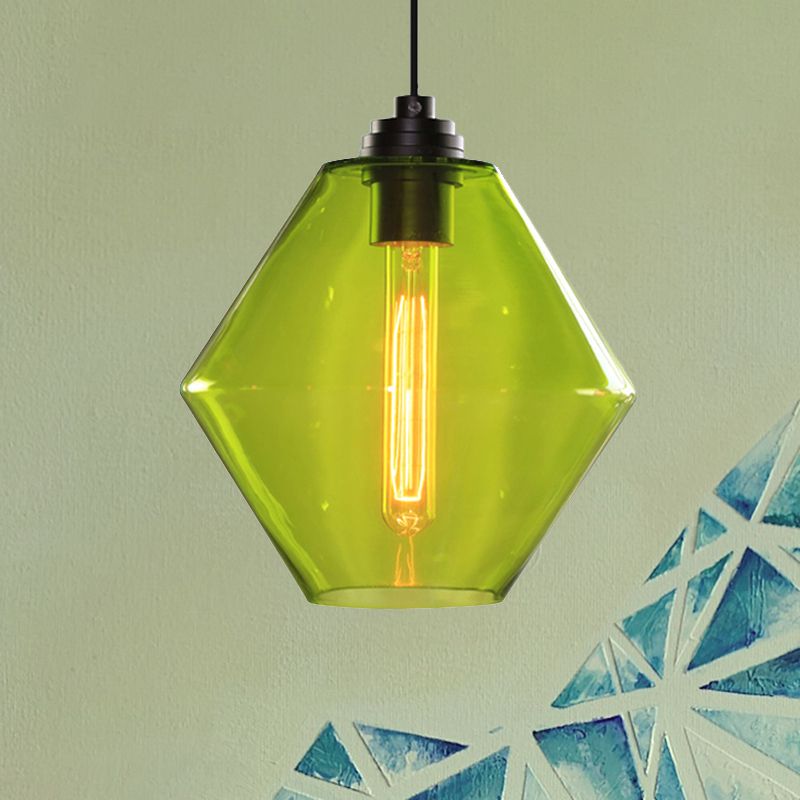 Single Light Diamond Shade Ceiling Pendant Light Vintage Black Orange/Blue/Green Glass Hanging Lamp