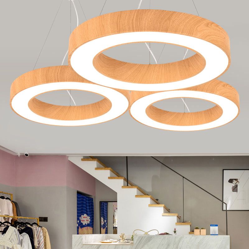 Light Wood Circle Pendant Lamp Minimalistic Metal LED Chandelier for Meeting Room