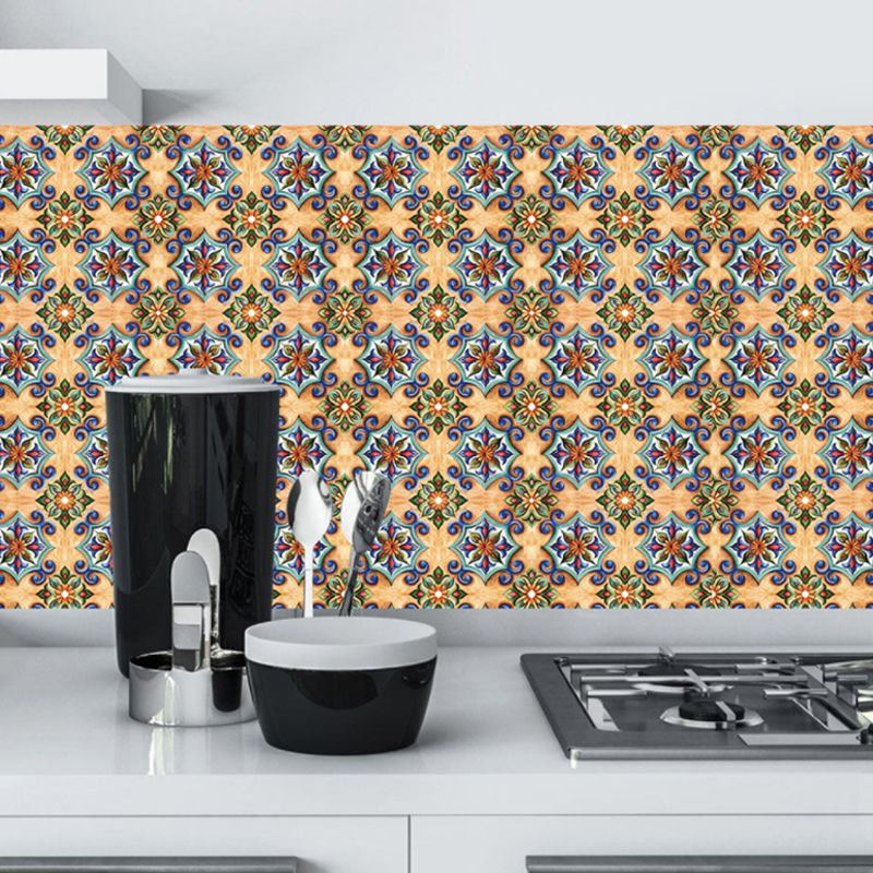 Floral Moroccan Tiles Wallpaper Panel Boho PVC Wall Art in Blue-Brown, Easy Peel off