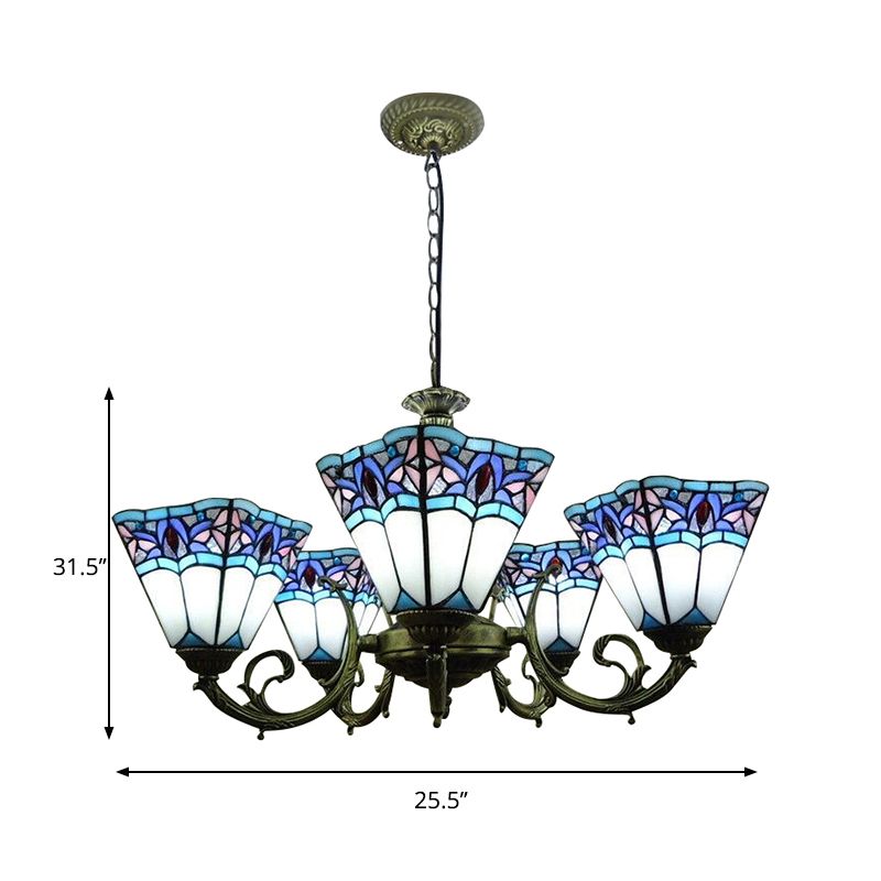 5 Lights Pyramid Chandelier Lighting Tiffany Mission Stained Glass Pendant Light with Curved Arm