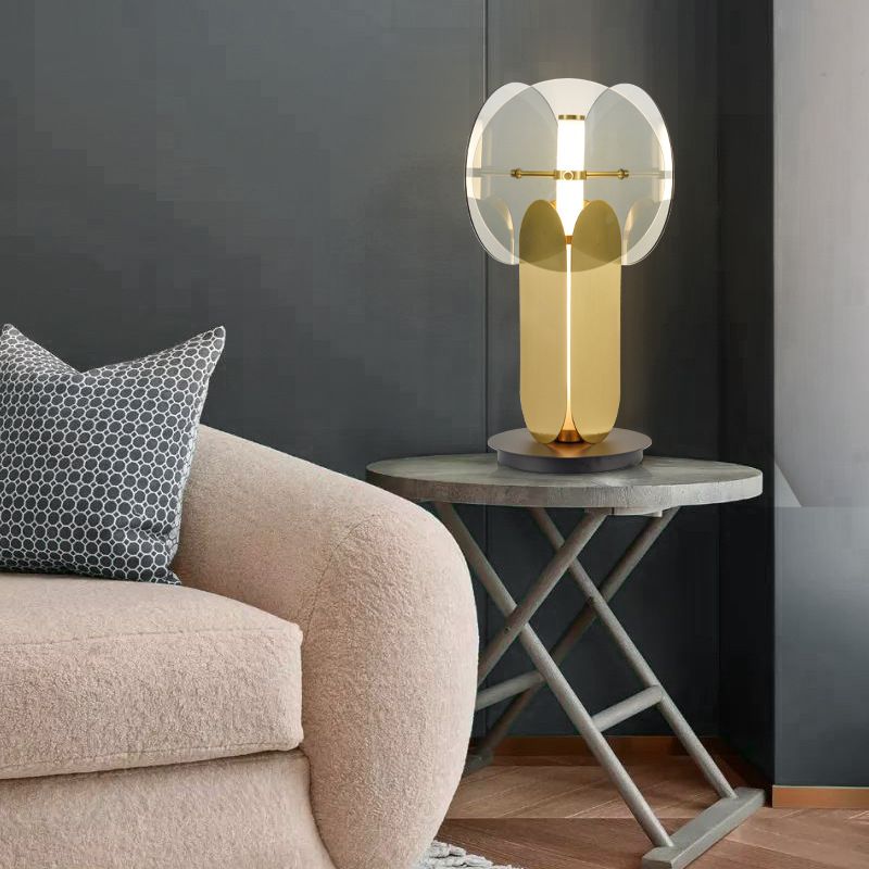 Circular Metal Nightstand Lamp Post-Modern Smoke Gray Glass 1 Light Living Room Table Light in Gold