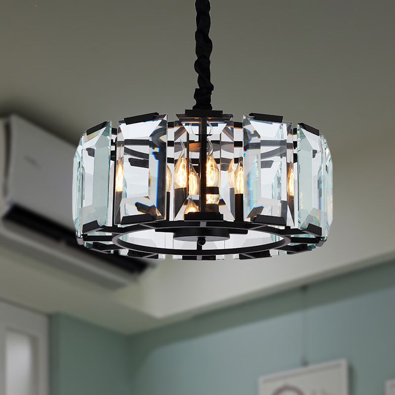 Drum Ceiling Light Fixture Antique Style Crystal Block 4 Lights Black Chandelier Light for Bedroom