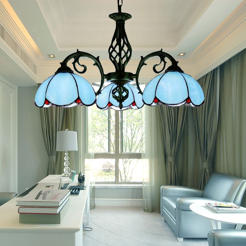 Tiffany Chandelier, 3-Lights Floral Ceiling Pendant Lamp for Dining Table with Adjustable Chain in Blue