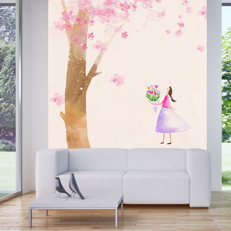 Non-Woven Home Decor Murals Decal Kids Style Girl under Blossom Tree Wall Covering