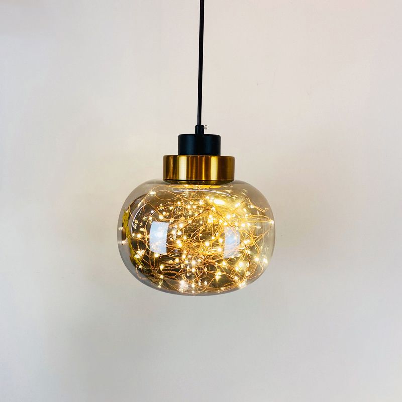 Glass Jar Pendant Light Fixture Modern Brass Finish Ceiling Hang Lamp with LED String