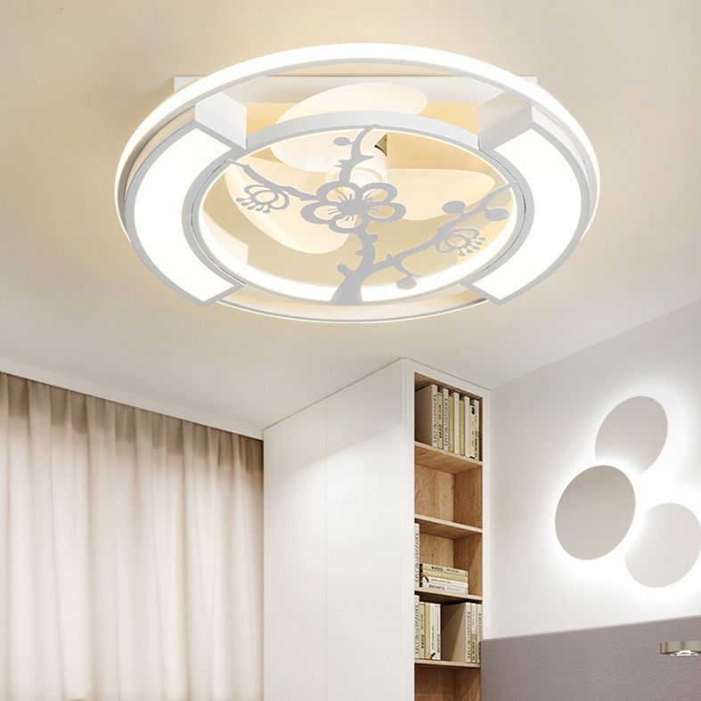 Bedroom LED Flush Ceiling Light Modern White Fan Lamp with Round Acrylic Shade