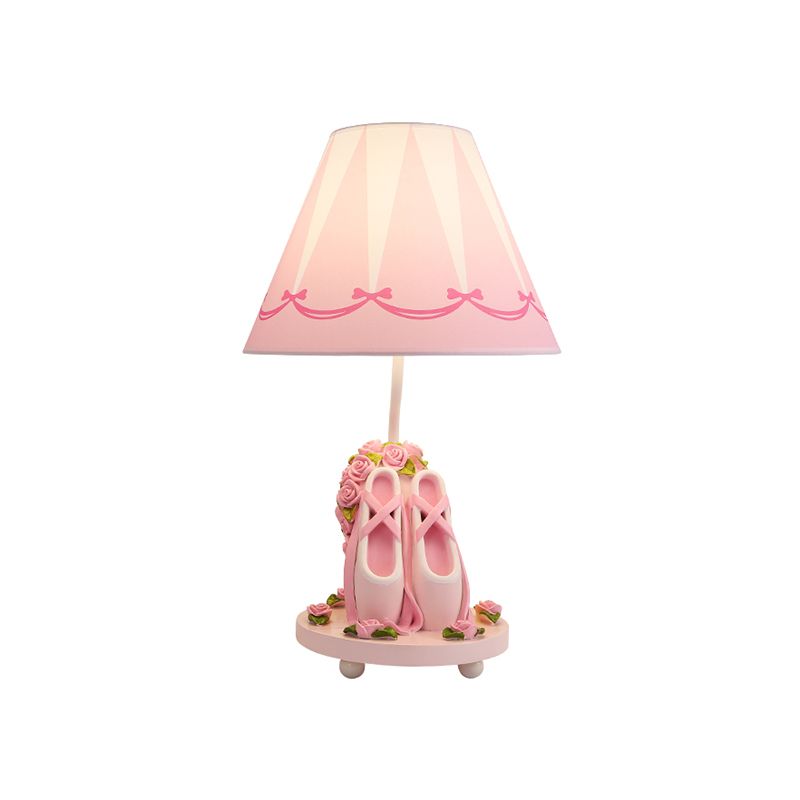 Ballet Shoes Girl's Bedside Night Lamp Resin 1 Head Kids Style Table Light with Cone Shade in Pink