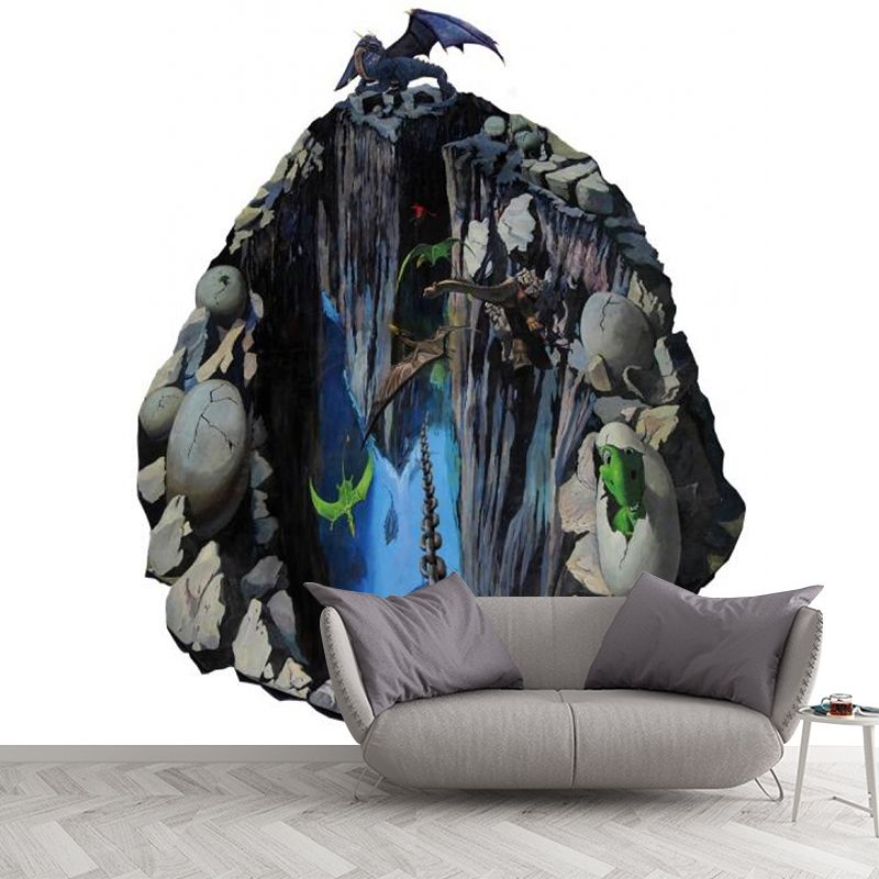 Fantasy Dinosaur Cliff Wall Murals Novelty Non-Woven Fabric Wall Decor in Grey-Blue