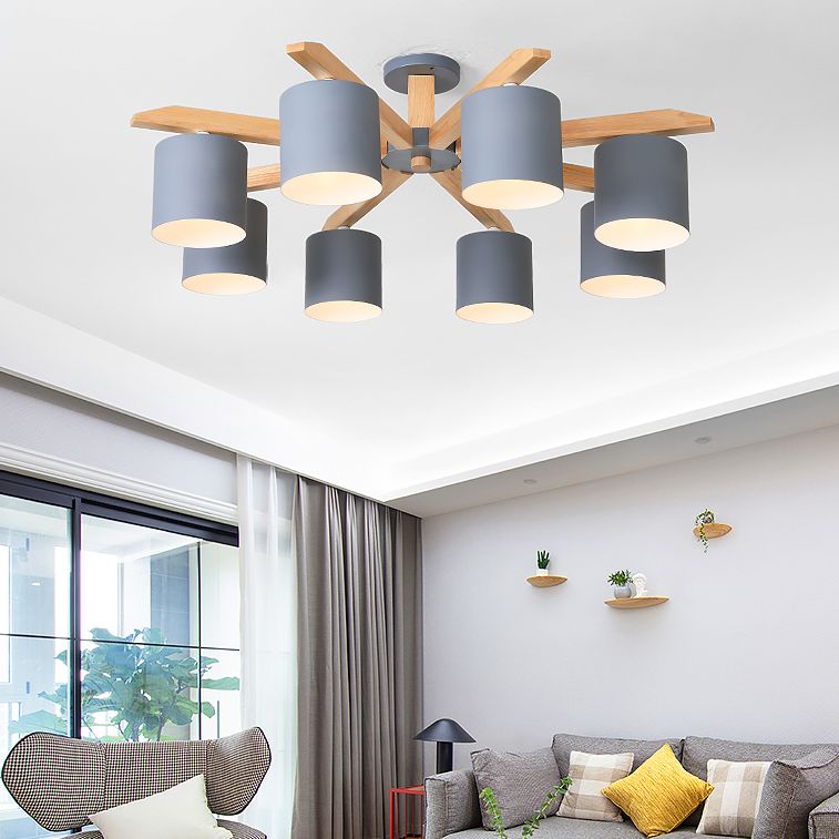 Contemporary Simplicity Solid Wood Ceiling Light Metal Cylindrical Shade Semi Flush Mount Lamp for Living Room