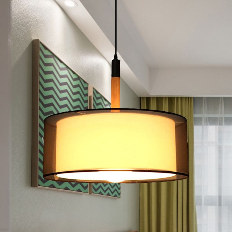 Black Dual Shade Rounded Pendant Lamp Modernism 1 Head Fabric Suspension Light with Wood Grip