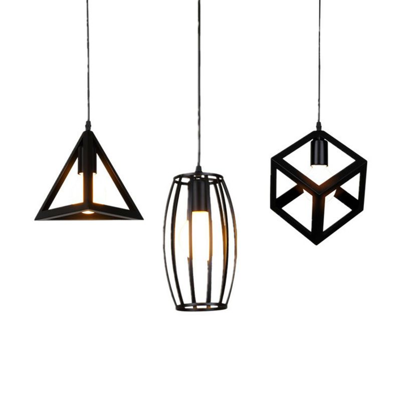 Vintage Geometric Pendant Ceiling Light Single-Bulb Metal Suspension Lamp in Black