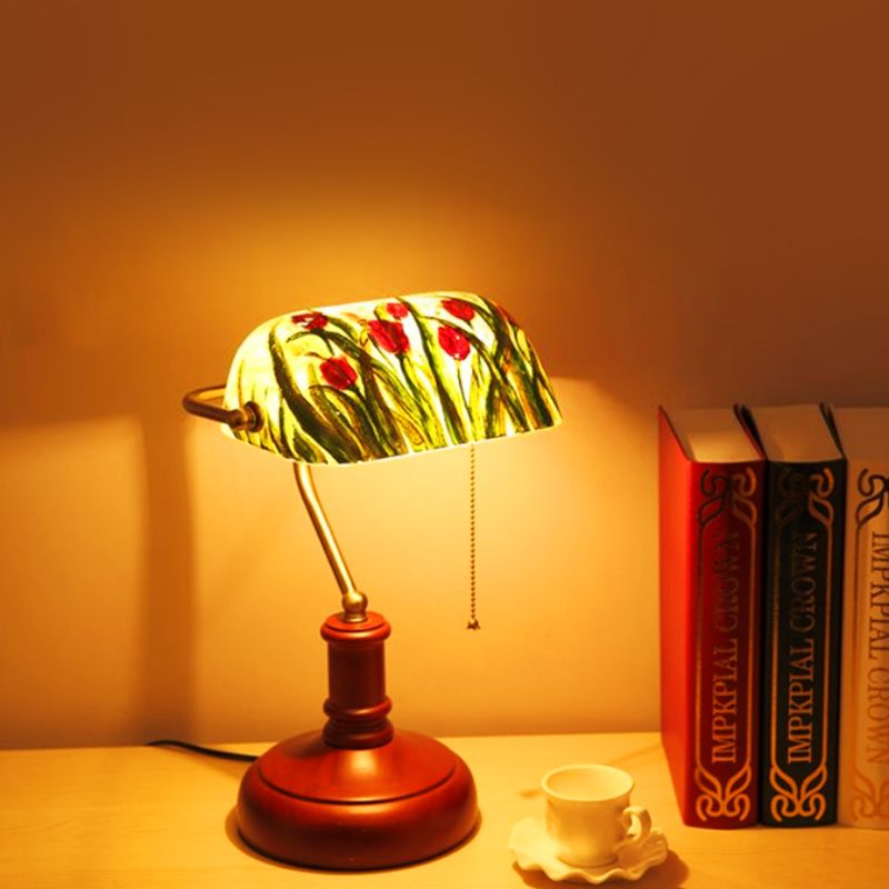 1 Bulb Green Glass Table Lighting Korean Garden Red Brown Flower Bush Pattern Bedroom Nightstand Lamp with Pull Chain