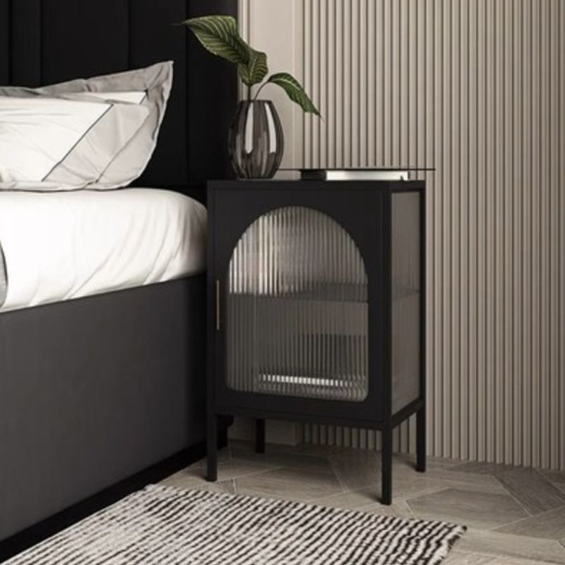 Metal Modern Bed Cabinet 1-Shelf Door Included Iron Nightstand with Legs in Black/White