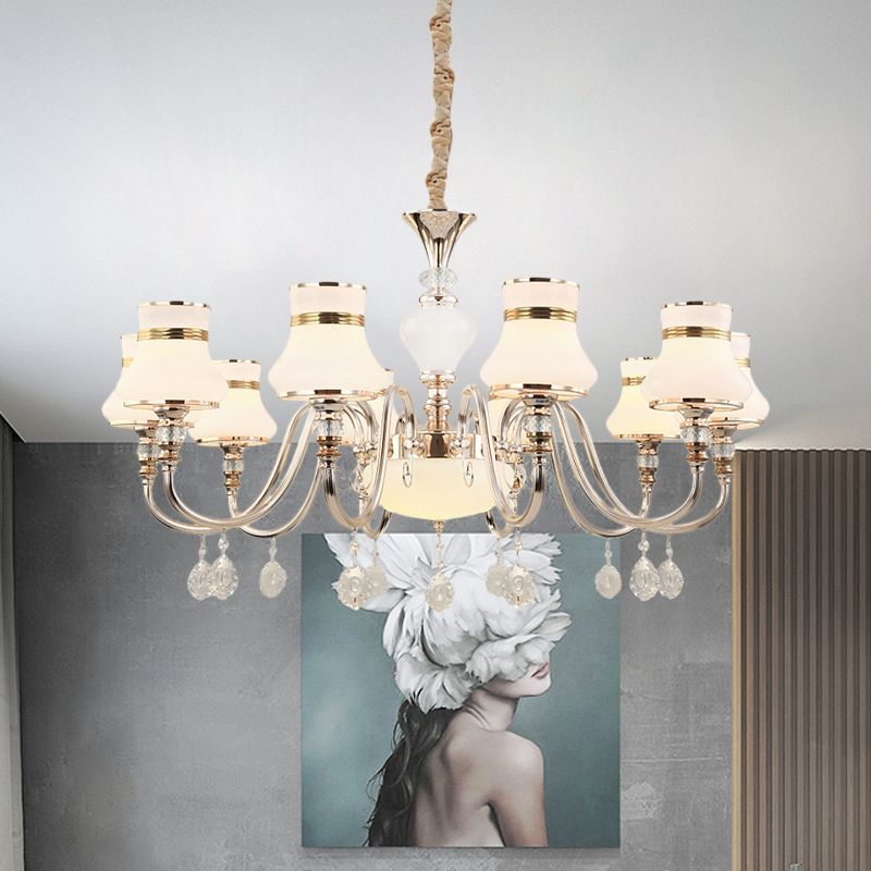 10-Light Flared Ceiling Chandelier Modern Gold Frosted Glass Pendant Lamp with Crystal Draping