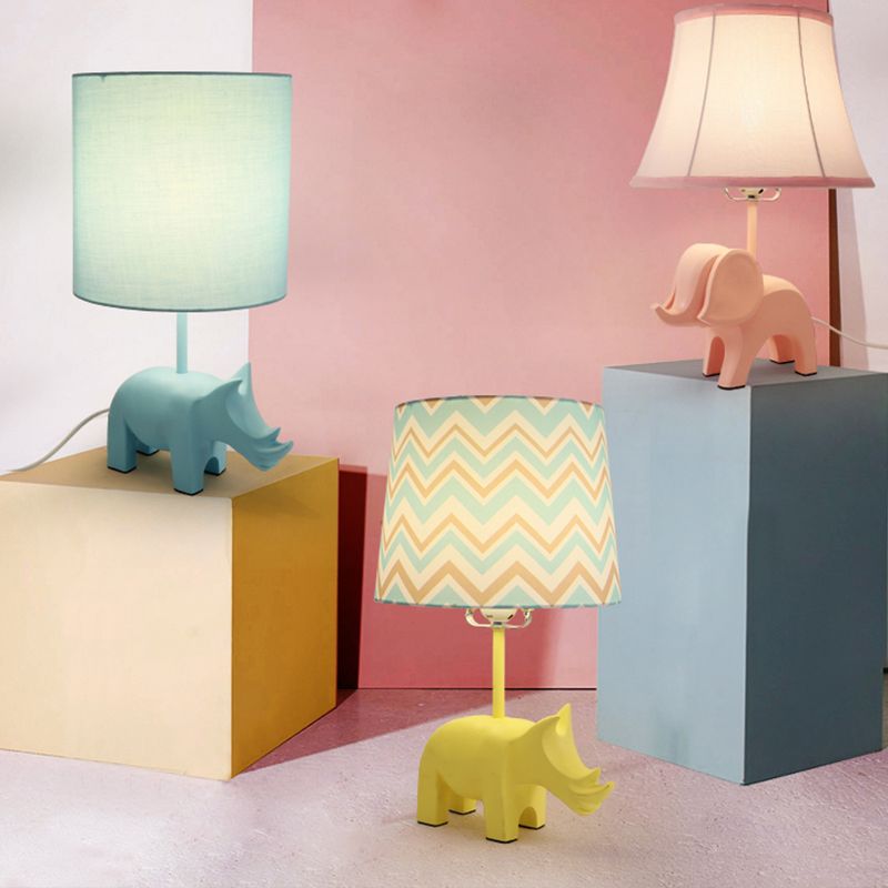 Cartoon 1 Bulb Table Lamp Pink Elephant/Peacock Blue/Yellow Rhinoceros Nightstand Light with Drum/Flared/Chevron Fabric Shade