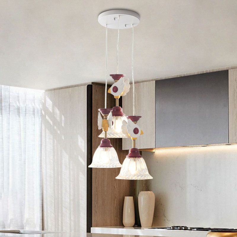 Cartoon Flared Cluster Pendant Clear Glass 3 Lights Bedroom Ceiling Suspension Lamp in Red with Globe/Bird Design