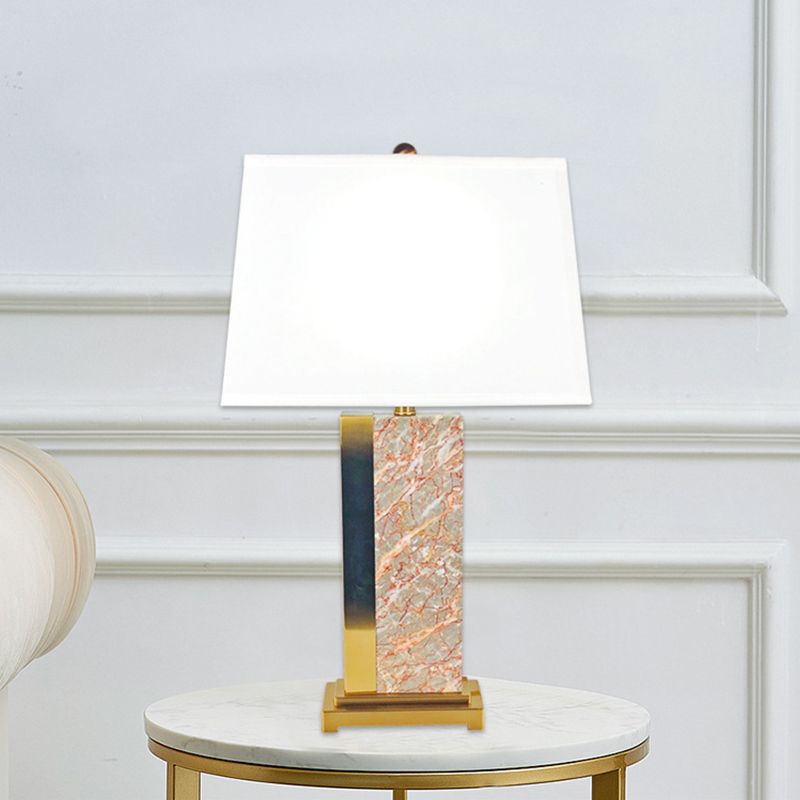 Trapezoid Fabric Table Light Contemporary 1-Bulb White Night Lamp with Rectangle Red Marble Base