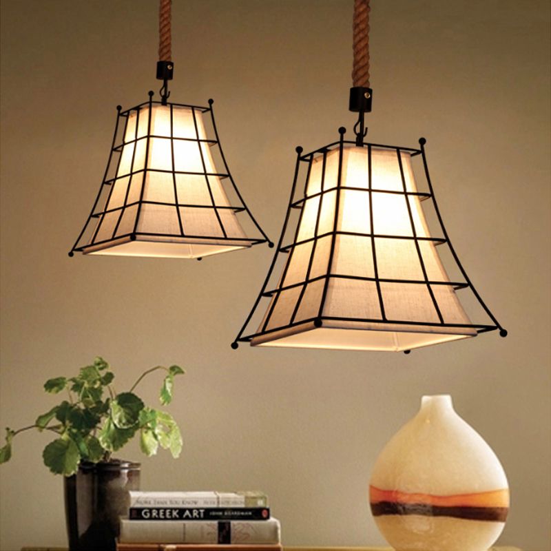 Wire Frame Flared Hanging Lamp with Fabric Shade 1 Light Rustic Suspension Light in Black