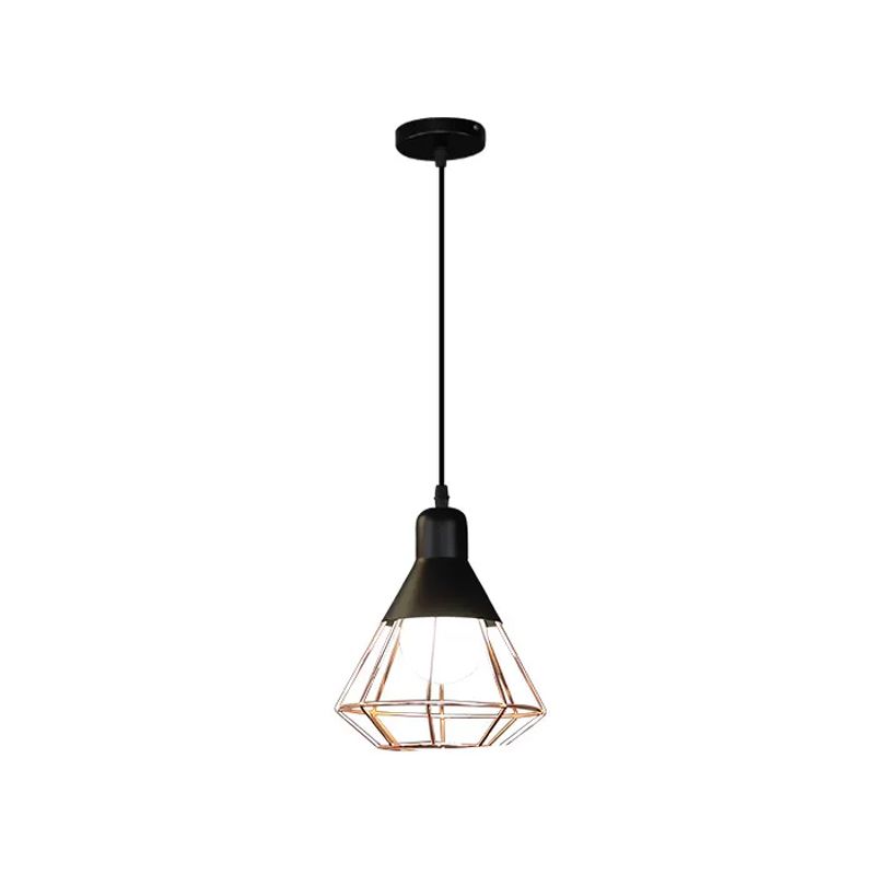 Black and Rose Gold 1-Bulb Drop Pendant Loft Style Iron Cone/Cage Ceiling Hang Light over Dining Table