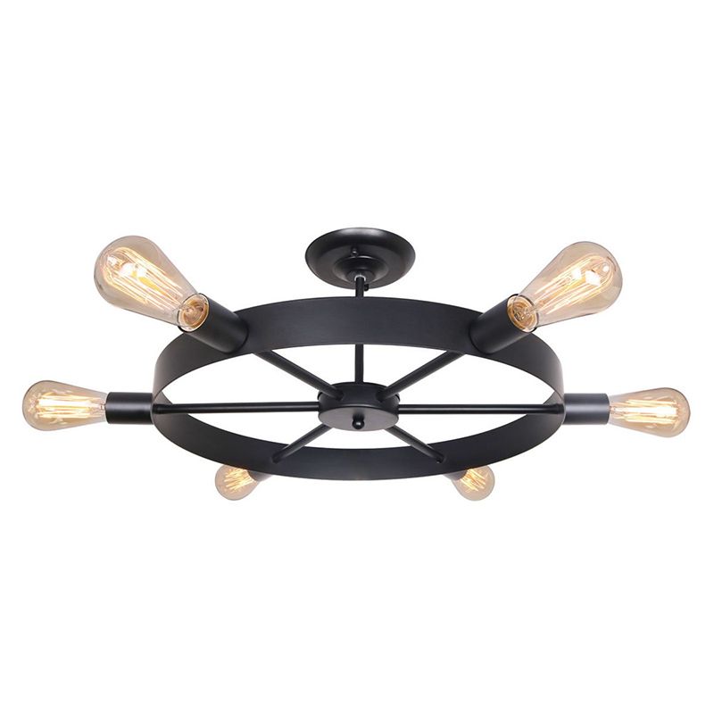 Black Wheel Shaped Ceiling Light Industrial Iron 6-Light Kitchen Semi Flush Mount Light