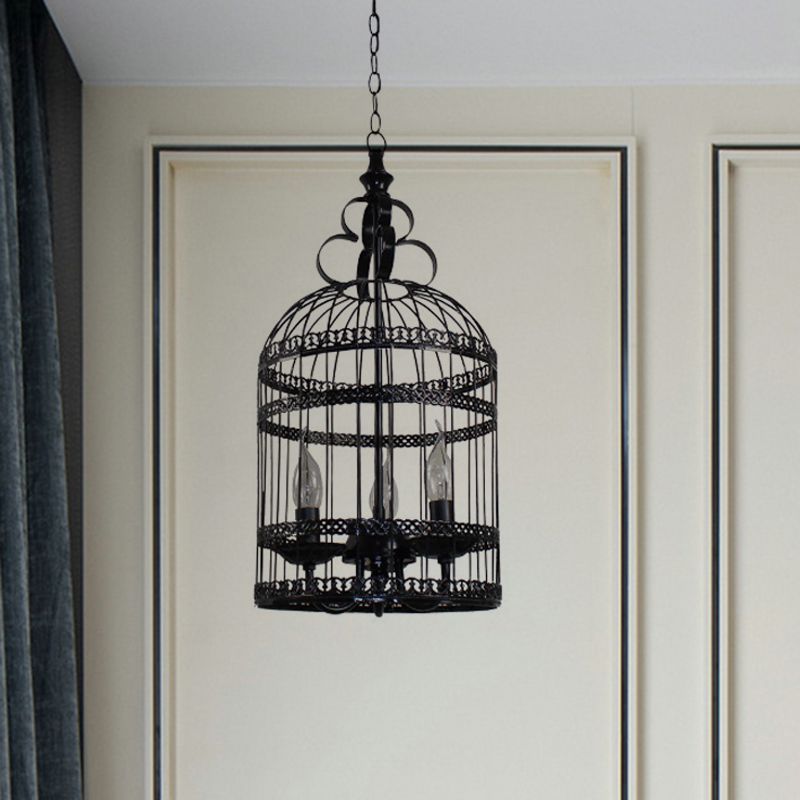 3/6 Bulbs Bird Cage Hanging Light with Candle Creative Industrial Style Black Metallic Chandelier Lamp for Bedroom