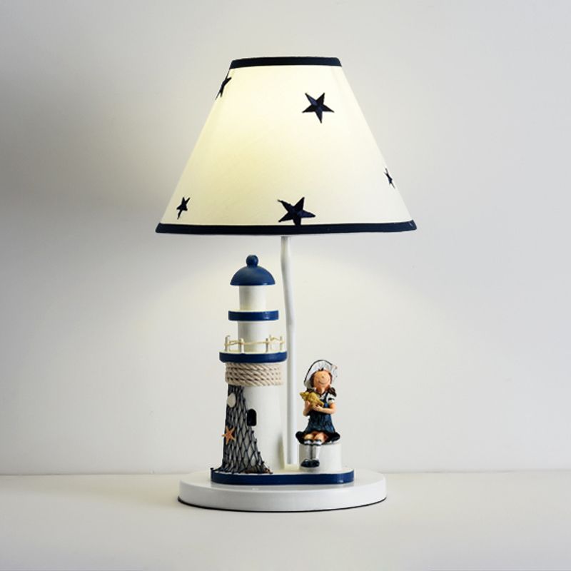 Boy/Girl and Lighthouse Table Light Cartoon Resin 1 Light White/Blue Night Stand Lamp with Tapered Shade