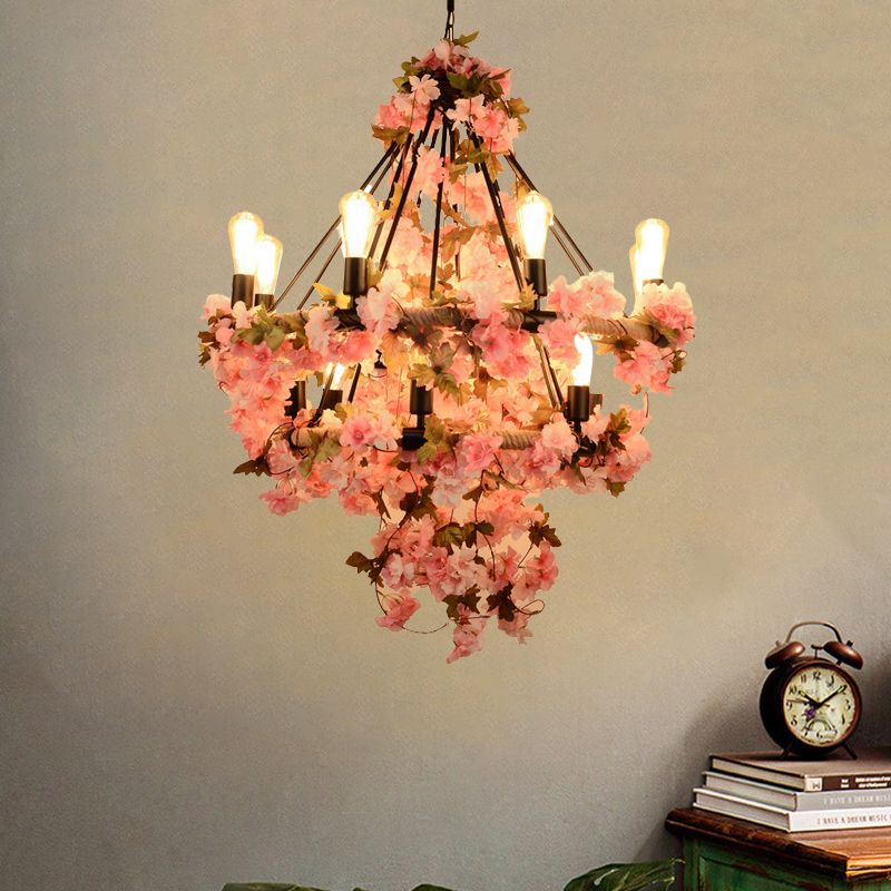 14-Bulb Chandelier Light Fixture Warehouse Bare Bulb Suspension Lamp in Black with Pink Flower and Rope