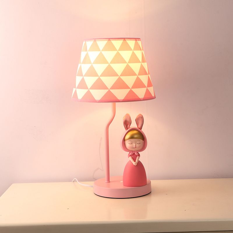 Tapered Drum Nightstand Lamp Kids Fabric Single-Bulb Bedroom Table Light with Resin Figurine in Pink