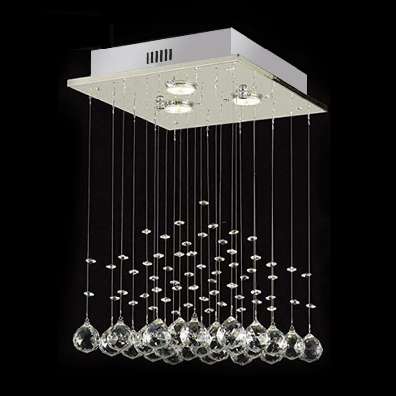 Minimalist Square Flush Light Fixture Crystal Ball 3 Lights Living Room Ceiling Flush Mount in Nickel