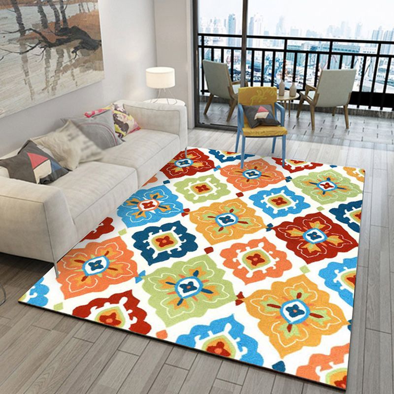 Retro Azulejo Pattern Rug Multicolor Polyester Rug Washable Pet Friendly Anti-Slip Carpet for Living Room