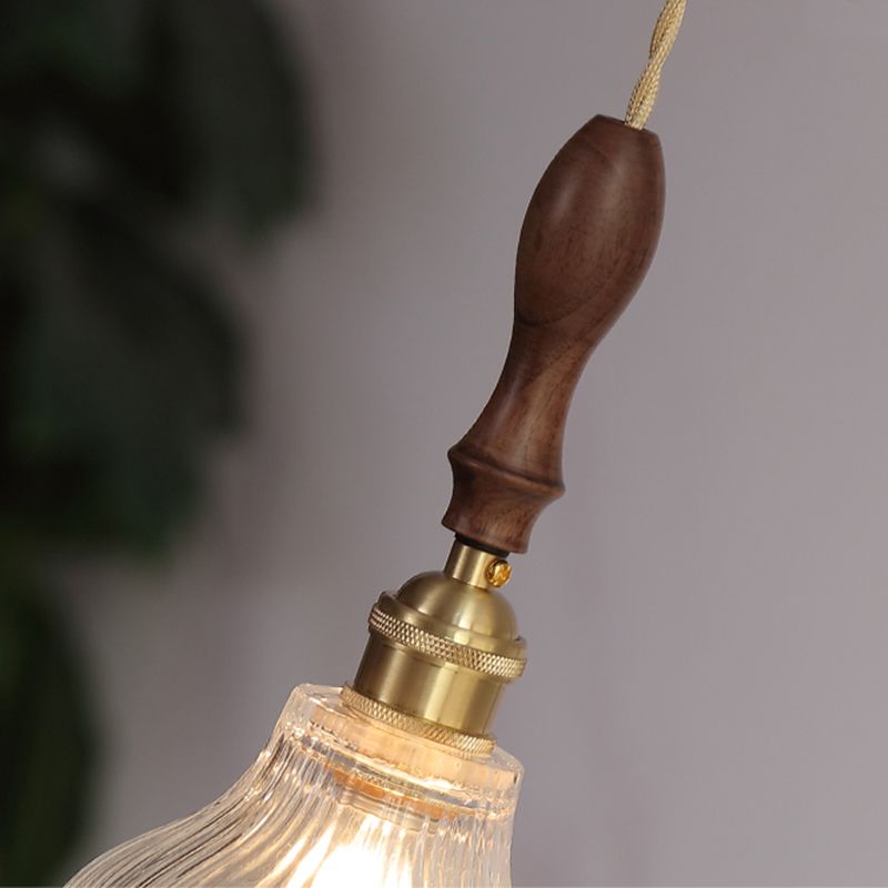 Ribbed Glass Floral Suspension Pendant Simple 1 Bulb Dinner Hanging Light in Brass