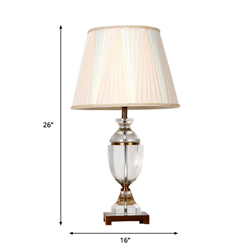 Single Head Fabric Night Light Countryside White Tapered Bedroom Nightstand Lamp with Crystal Base