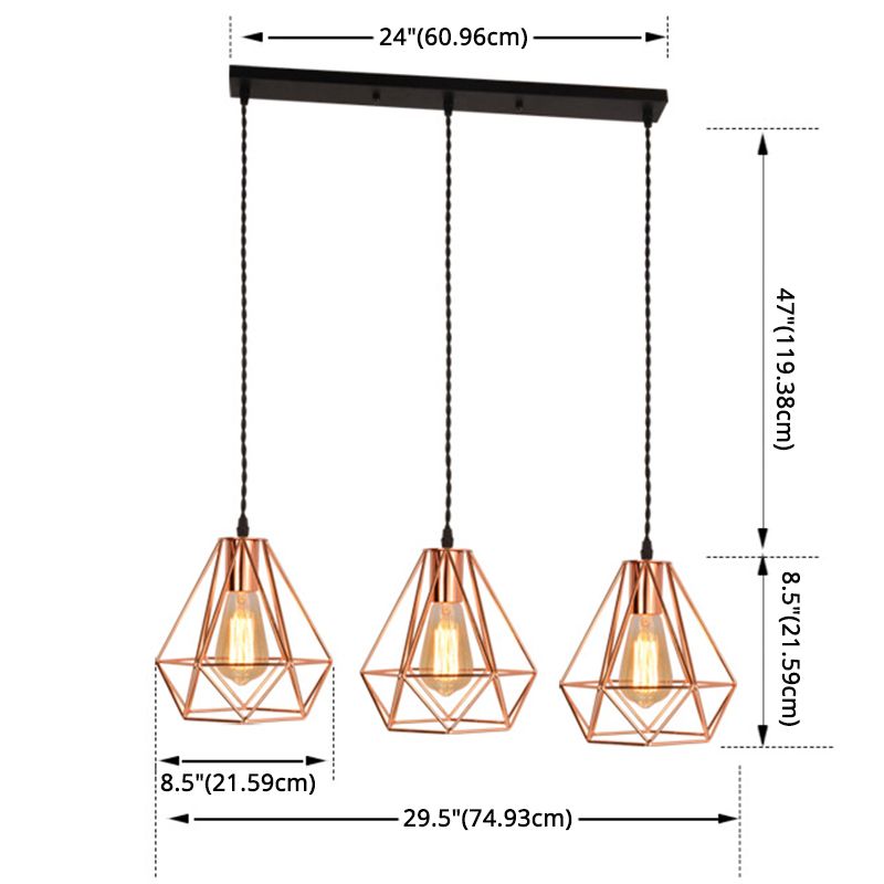 Diamond Iron Cluster Pendant Lighting Post-Modern Restaurant Hanging Lamp in Rose Gold