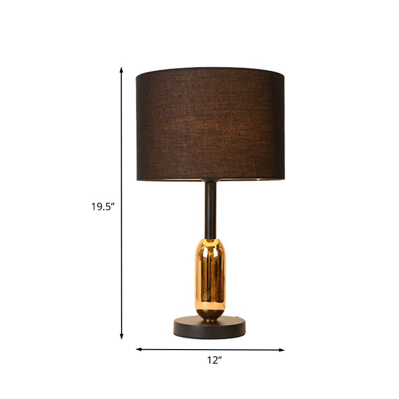 Black Drum Nightstand Light Modernist 1 Light Fabric Plug In Desk Lamp with Brass Capsule Detail