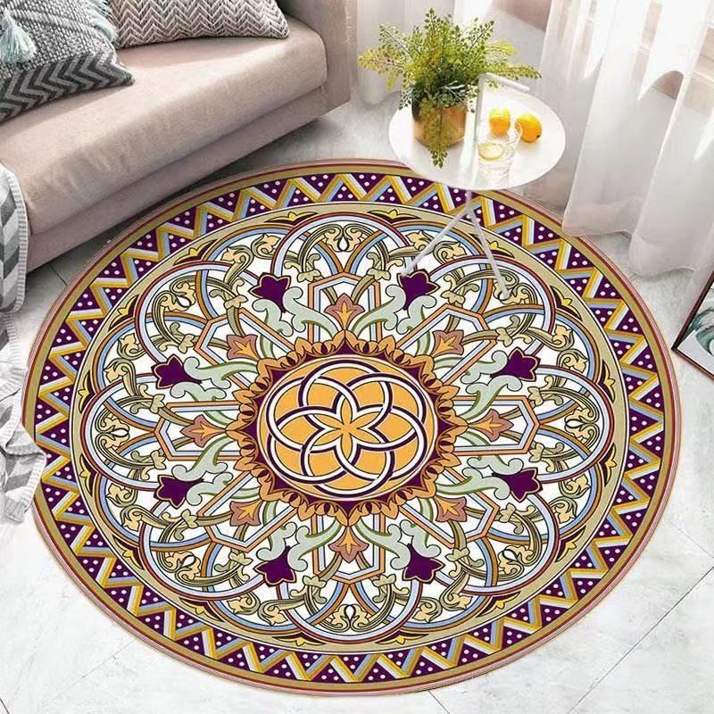 Retro Ethnic Style Round Rug Polyester Rug Stain Resistant Rug for Living Room Bedroom