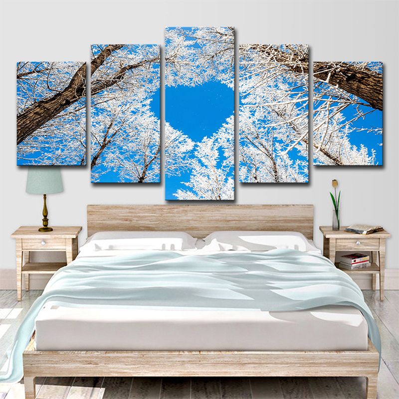 Nordic Winterscape Wall Art Decor Blue Heart Shaped Tree Branch Canvas Print for Bedroom