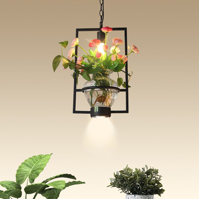 Black 1 Light Down Lighting Industrial Iron Circular/Rectangular Cage Drop Pendant with Clear Glass Plant Pot