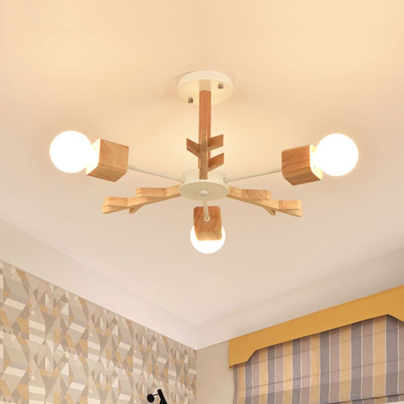 Nordic Starburst Semi Flush Light Wood 3/6 Heads Living Room Ceiling Mount Chandelier with Exposed Bulb Design