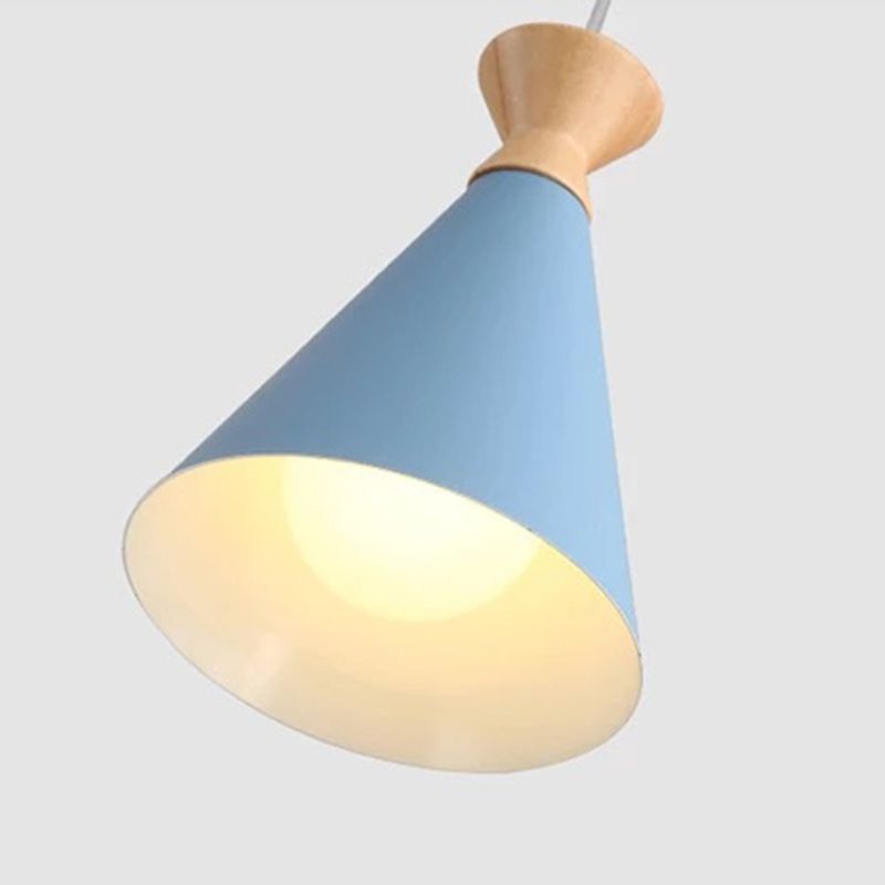 Nordic Minimalism Macaroon Hanging Light with Metal Conical Shade Single Bulb Wooden Mini Bedside Lamp