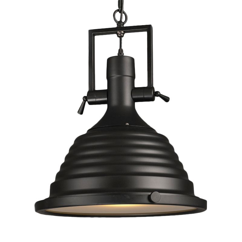 Black 1 Bulb Pendant Light Industrial Style Metallic Ripple Shade Hanging Lamp with Frosted Diffuser, 14"/16" W