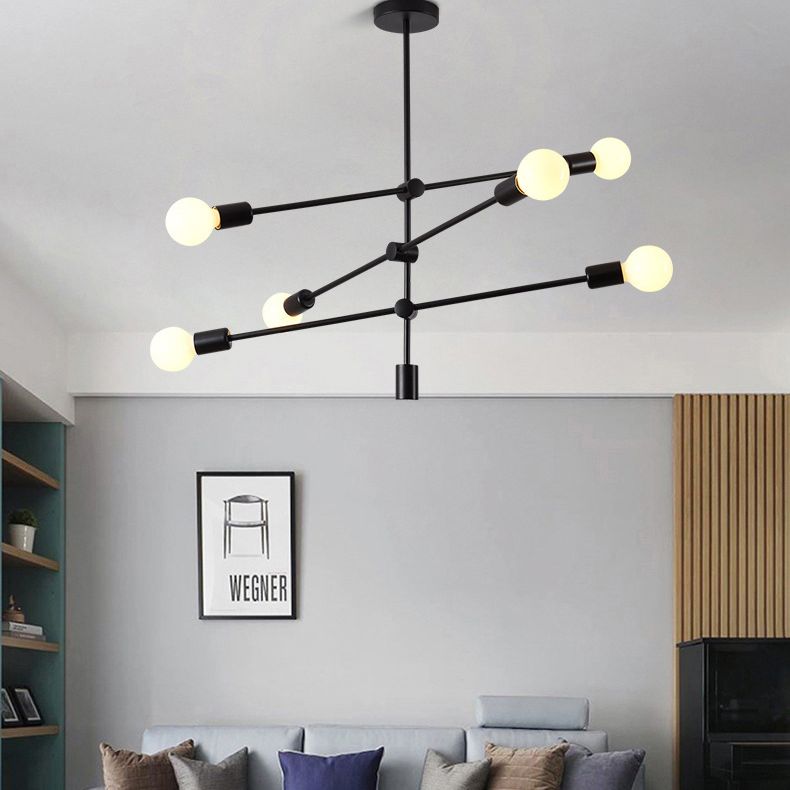 Geometric Lines Nordic Style Chandelier with Angle Adjustable Arm 6-lights Open Bulb Lighting Fixture in Bedroom Dining Room