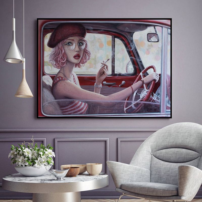 Red Girl Driving Car Painting Textured Surface Traditional Dining Room Wall Art