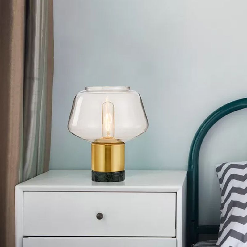 Postmodern Single-Bulb Night Lamp Gold Cylinder/Ball/Tapered Plug-in Table Light with Frosted White/Clear Glass Shade